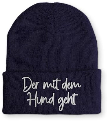 tshirtladen Beanie Der mit dem Hund geht - Lustige Spruchmütze mit Stick - Strickmütze für Hundeliebhaber - warme Mütze für Gassi Gänge im Winter - Navy