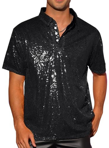 Acrawnni Herrenhemd mit glitzernden Pailletten, Vintage-Sommer, 1/4 Glitzerknopf, kurzärmelig, Disco-Top, 70er-Jahre-Party, Club, glänzendes Hemd, Rave-Tops, A-schwarz, 3XL