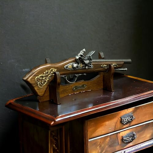 Steinschloss Pistole Mit Ständer oder Perkussions Pistole Holz und Metall Deko Waffen Replik LARP Reenactment historische Dekoration für einen Sammler oder Geschenk für Mann schießt Nicht (W112-E)