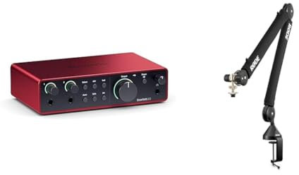 Focusrite Scarlett 2i2 4. Gen USB-Audio-Interface & RØDE PSA1+ Professionelles Gelenkarmstativ für Studioanwendungen mit innovativem Federsystem, Neopren, Schwarz