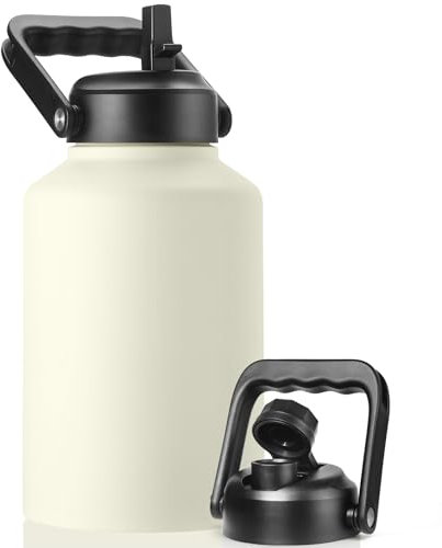 EALGRO Gallon - Borraccia termica con cannuccia, in acciaio inox, capiente 3,65 ml, per sport, con manico, tazza termica con 2 coperchi, colore: panna