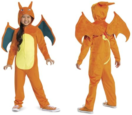 DISGUISE Pokémon Charizard Jumpsuit für Kinder, offizielles Lizenzprodukt, mit abnehmbaren Flügeln und dimensionaler Kapuze, weicher Stoff, für Kinder von 4–6, 7–8, 10–12 Jahren