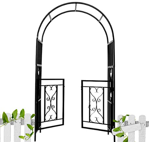 YAEGER Außen Stahl Garten Bogen Arbor Spalier 45x82in Schwarz Metall Garten Arbor Bogen für Rosen Kletterpflanzen mit Tor und 4 Stahl Pfahl