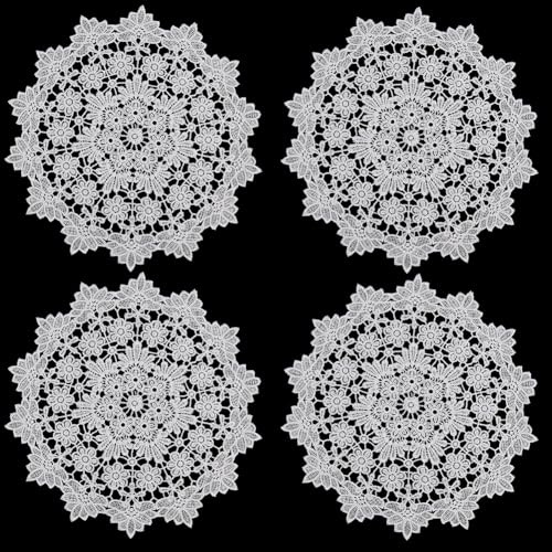 GORGECRAFT 4pcs Napperons Ronds au Crochet 35cm sous Verres Vintage Faits à la Main Tasse Vase Napperons Tricoté Crochet Dentelle Napperon Décor de Table pour Mariage Thé Table Salle à Manger Blanc
