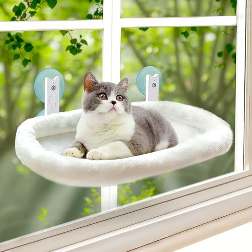 Percha para ventana para gatos, hamaca inalámbrica para gatos, cama plegable para gatos grandes con 4 ventosas fuertes, marco de metal sólido y funda de cama extraíble