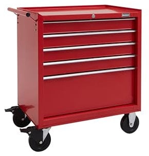 BiGDUG Essentials Mobile Tool Cabinet - 27” 5 Drawer Portable Roll Tool Chest With Wheels - 798H x 685W x 465D mm (Red)