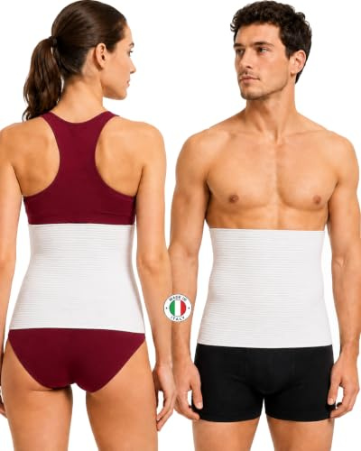 Leedya Bandeau lombaire support dos élastique 100 % fabriqué en Italie, pancera abdominal chauffant pour maux de dos - Pancera post-opératoire en laine et coton, Blanc, Tg 4/M 76/90 Cm