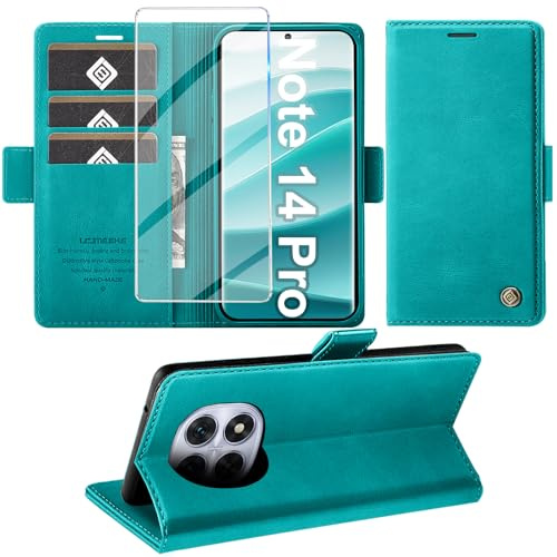 Giyer für Xiaomi Redmi Note 14 Pro Hülle mit Schutzfolie, Handyhülle Redmi Note 14 Pro 5G PU Leder Wallet Flip Case, Schutzhülle Redmi Note 14 Pro Klapphülle mit Kartenfach Standfunktion (Cyan)