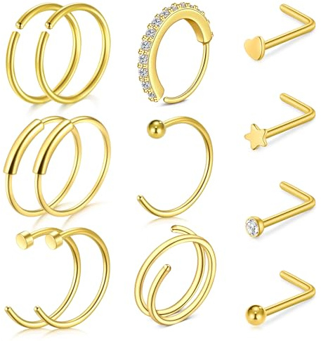 LAURITAMI 20G smal näspiercing, kirurgisk stål näspiercing, L näsringform för näsa piercing guld, silver set, näspiercing kontakt med zirconia för kvinnor och män