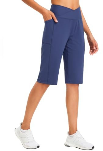 baleaf Damen Bermuda Shorts Capri Yogahose mit Taschen Weite Bein Straighthose Hohe Taille Loose Lounge Activewear Hosen Casual Sommer Blau M