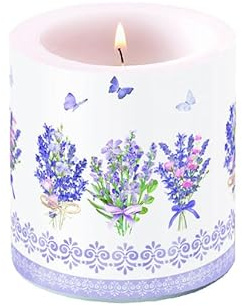 Ambiente Kerze Stumpenkerze Wachswindlicht 9 cm hoch Paraffinwachs 35h Brenndauer Tischdekoration Lavendel Garten Landhaus in pastell Farben Serie lovely lavender