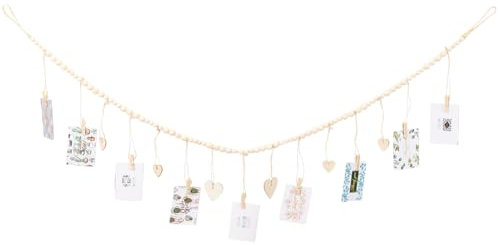 GORGECRAFT Hanging Photo Display Wall Decor Boho Wooden Beads Garland with Clips Heart Office Nursery Room Banner Christmas Cards Picture Holder Frame Hanger Strings for Dorms Classrooms Bedrooms