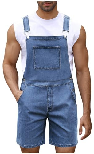 Salopette da uomo in denim salopette e bretelle salopette con tasca con cerniera tuta corta tinta unita casual jeans pantaloncini tuta da lavoro, Blu, 3XL