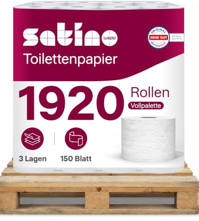 960 Rollen Toilettenpapier 3-lagig – 150 Blatt – Satino - 120 Packs á 8 Rollen - extra weiche, hochwertige Blätter – aus feinstem Zellstoff – für Zuhause, Hotels, Gastronomie, Gewerbe, Industrie