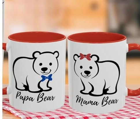 Tasses Papa et Maman Ours, Lot de 2 Mugs en Céramique, Intérieur et Poignée Colorés, Design Ours avec Nœud
