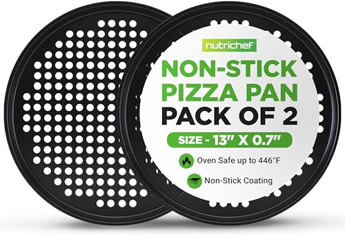 NutriChef Non-Stick Pizza Pan 33cm, 2-Pack Round Baking Steel Tray for Oven, Commercial-Grade Carbon Steel with Non-Stick Grey Coating, Ideal Baking Accessories for Stuffed Crust
