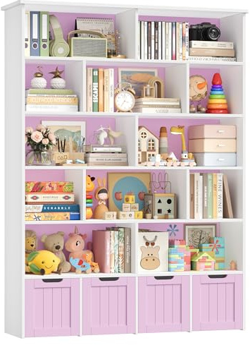 FOREHILL Kinderregal 6 Ebenen, Kinderzimmer Möbel, Bücherregal für Kinder | Kinderschrank mit Boxen auf Rollen, Spielzeug Aufbewahrung für Kinderzimmer, Kindergarten, Leseecke 175x33x125,5cm Flieder