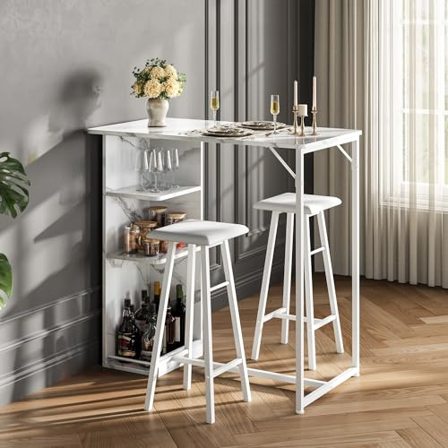 Litake Bartisch Set, Tresentisch mit 2 PU Barhocker, Esstisch Stehtisch mit Weinglashalter & Ablage, Küchentisch im Industrie-Stil, Stehtisch für Bar, Bistro & Wohnzimmer,Marmor Weiß