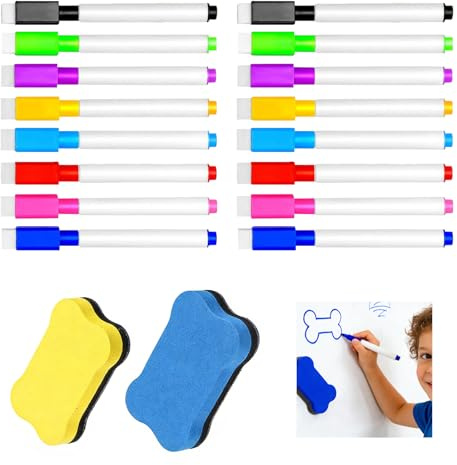 16 Stück Whiteboard Marker Magnetisch, Bunte Folienstift Abwischbar in 8 Farben mit 2 Radierer Feine Spitze Trocken Abwischbare Folienstift Tafelstifte für Büro Schule Zuhause (11.5 * 1.2 cm)