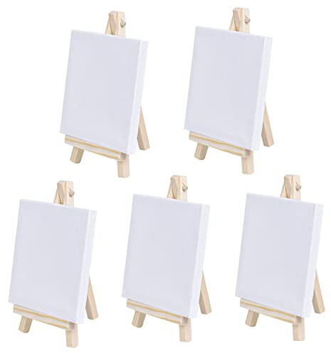 5 Stück Mini Staffelei, L10 x W10 cm Mini Staffelei Holz Mit Leinwand, Kleine Tischstaffelei Holz StäNder Stativ Zum Zeichnen, Leinwand Malen Mit ÖL Wasserfarben, Tisch Deko & Basteln