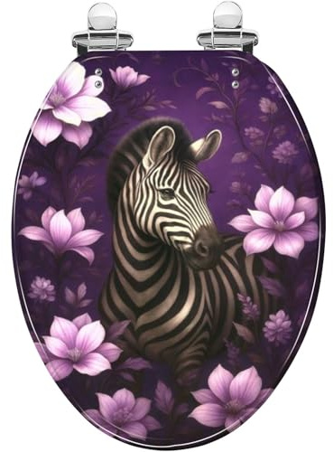 Dekorativer, länglicher WC-Sitz aus Kunstharz mit Deckel, Schnellverschluss-Scharnieren, leisem Absenkmechanismus, einfacher Montage, elegantem Design in Lila-Rosa mit Magnolie- und Zebra-Motiven