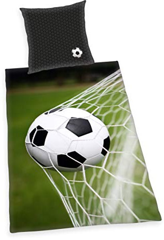 Herding Bettwäsche-Set Fußball, Kopfkissenbezug 70x90cm, Bettbezug 140x200cm, 100% Baumwolle, Renforcé, mit leichtläufigem Reißverschluss