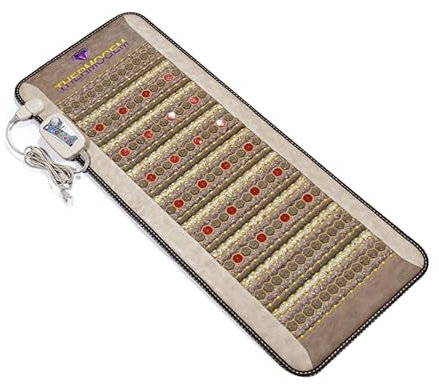 ThermoGem Heated Stone Far Infrared Mat - Midsize 24W x 59L (60x150 cm) - Natural Amethyst, Tourmaline, Jade - 30-70°C (86-158°F) - 1-30 Hz Magnetism - 24 Red LEDs - for Back Pain Relief - 220-240V
