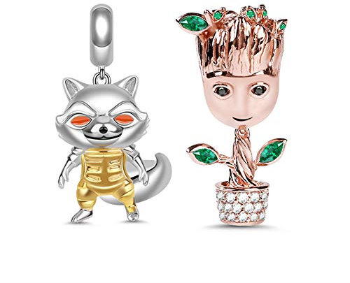 GNOCE 2Pcs Charm Set Sterling Silber Earth Protector Baumman & Rocket Waschbär Charms Anhänger Sets Fit Armband/Halskette Weihnachtsschmuck Charm Geschenk für Frauen Herren