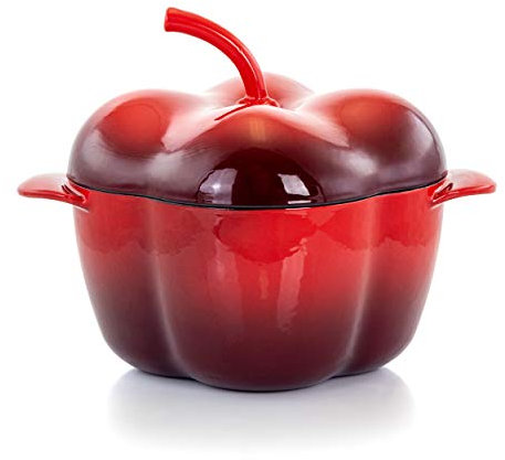 MegaChef Pepper Shaped Enamel Cast Iron Casserole, 3 Quart, Red