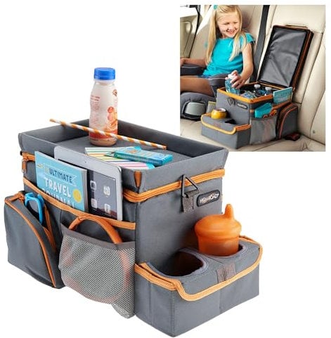 High Road CarHop Car Seat Organizer for Kids and Adults with Cup Holder Tray, Side Pockets and Cooler Compartment (Medium, Gray)