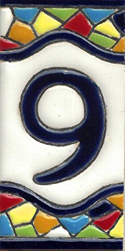 TORO DEL ORO Numeri civici e lettere in piastrelle. Ceramica smaltata, dipinti a mano tecnica corda secca. Nomi e direzioni. Design Mosaico medio 5,5 x 10,5 cm (Numero Nove 9)