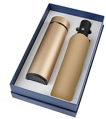 Tasse Isolée Sous Vide et Ensemble-cadeau Voiture de Parapluie Voyage Coupe-vent, MoreChioce Tasse de Voyage Isolée Sous Vide et Parapluie Pliable à Ouverture/Fermeture Automatique,D'or