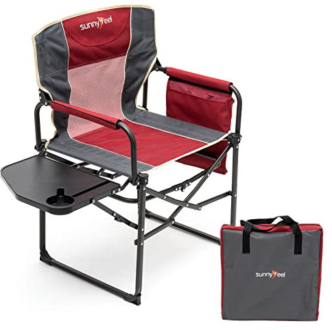 SUNNYFEEL Camping Director Chair, Portable Folding Chair with Side Table and Storage Pouches, Compact Heavy Duty for Adults Outdoor(Red)