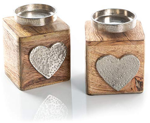 Logbuch-Verlag 2 Kerzenständer Geschenk Geburtstag Hochzeit Holz Silber Metall 10 x 10 cm Liebe Zwei Herzen