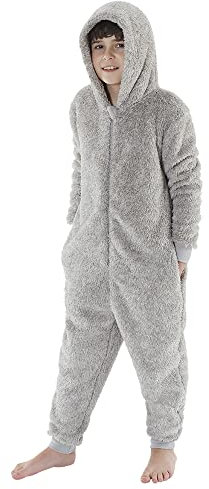 Just Essentials Mens Boys Fleece Onesies Gowns Robes Hooded Jumpsuit UK Seller - Boys Light Grey - 11/12 Years