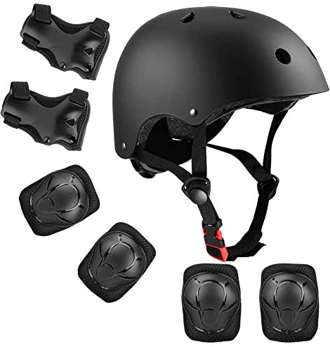 mopalwin Skateboard Protektoren Set mit Helmet, 7PCS Schutzausrüstung Kinder mit Helm Junge Mädchen Ellenbogenschoner Handgelenkschoner Knieschoner für Skateboard Fahrrad Inliner Rollschuh