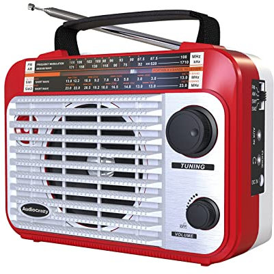 Audiocrazy Radio Portatile AM/FM/SW1-2 Multibanda Radio con Batteria Ricaricabile da 1800 mAh, Cavo AC o Radio FM Portatile a Pile, Altoparlanti,Jack Per Cuffie, Ingresso AUX Rosso