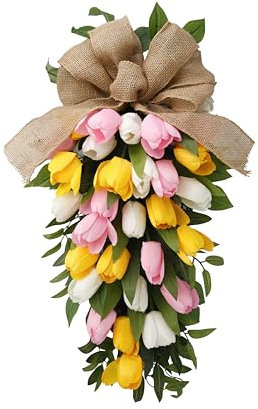 HOI - Ghirlanda con tulipani artificiali da 66 cm, per decorazione della porta d'ingresso, fatta a mano, ghirlanda di fiori a goccia, da appendere alla parete, decorazione per la casa