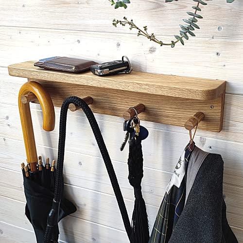 MINICAMP Coat Rack Wall Mounted - Solid Oak Coat Hooks for Door with 4 Pegs and Shelf - Wooden Peg Rail Kids Storage - Floating Handmade Baby Nursery Products - Scandi Decor for Children Room