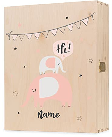 GRAVURZEILE Bedruckte Holzkiste für Kinder- Elefant Rosa Design - Personalisiert mit Wunschtext - ca.38x30,5x10 cm - Erinnerungsbox Aufbewahrungsbox aus Holz - Farbe: Große UV Kiste