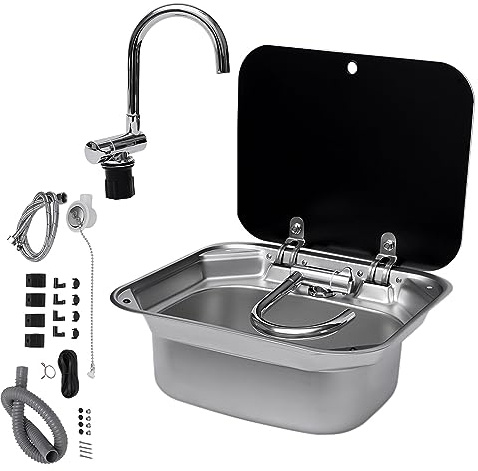 Lavello da cucina con rubinetto piegato e coperchio, 304 x 17 pollici, sottotop in acciaio inox 304, lavabo per lavaggio a mano, lavandino a goccia nel lavandino, caravan, camper, barca, rimorchio