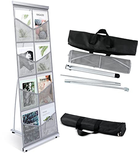 Outus 8 Pocket Mesh Literature Holder Portable Floor Stand Roll up, Gray