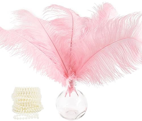 BETESSIN 10 Natürliche Straußenfedern Rosa Dekofedern 30-35cm Weihnachtsdeko Weihnachtsbaum Hochzeit Dekoration mit 5 Meter Perlenketten DIY Basteln Tischdeko für Retro Karneval Weihnachten Party