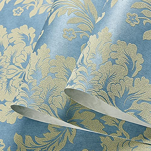 FNMHime 20.87″Wx393.7″L 3D Damask Embossed Wall Paper Modern Minimalist European Style Clothing Store Restaurant Bedroom Living Room TV Background Non-Woven Wallpaper Non-Pasted (Blue)