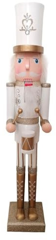 Glac Store Schiaccianoci Statuetta Natalizia in Legno - Decorazione con leva posteriore per aprire e chiudere la bocca - Bianco e dorato - Disponibile in diverse altezze Marca (ConTamburo da 50 cm)