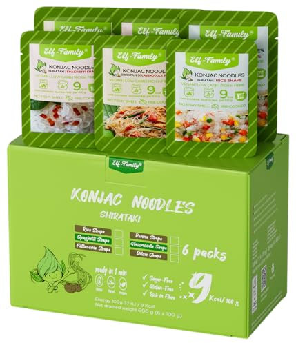 Elf-Family Pacchetto Assaggio 3+3 (Spaghetti/Noodles di Vetro/Riso) Shirataki Noodles Senza Odore di Pesce, 9kcal Low Carb, Keto, Konjak A Basso Contenuto Calorico, Vegan, Senza Glutine