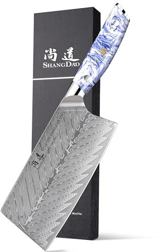 SHANGDAO Coltello da Chef Cinese da 7 Pollici, Coltello da Cucina Mannaia Coltello per Verdure Professionale, Acciaio di Damasco Forgiato con Manico in Resina Blu e Bianca - Tang Completo - Serie HUA