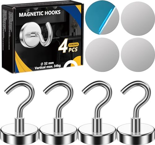 AOLLEN 4 Pieza 32 MM Ganchos Magnéticos 34 KG Fuerza De Atracción, Imanes Neodimio Gancho Con 4 Piezas Láminas Metálicas, Imanes Con Gancho Iman para refrigerador, cocina, techo, parrilla