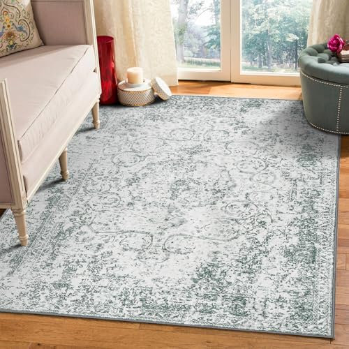 WONGS BEDDING Vintage Teppich Wohnzimmer Schlafzimmer Grau Grünlich Teppich Boho Kurzflor Teppiche Waschbar Weich rutschfest Orientalisch Design, 120x170 cm