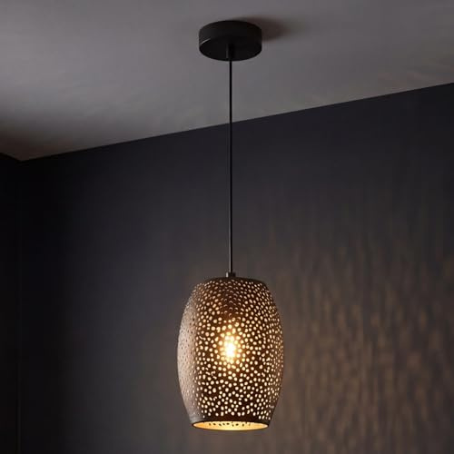 Licht-Erlebnisse Hängelampe Esstisch, Schwarz Gold, Metall, Wohnzimmer, Küche, E27, Ø15 cm rund, höhenverstellbare Pendelleuchte Esszimmer
